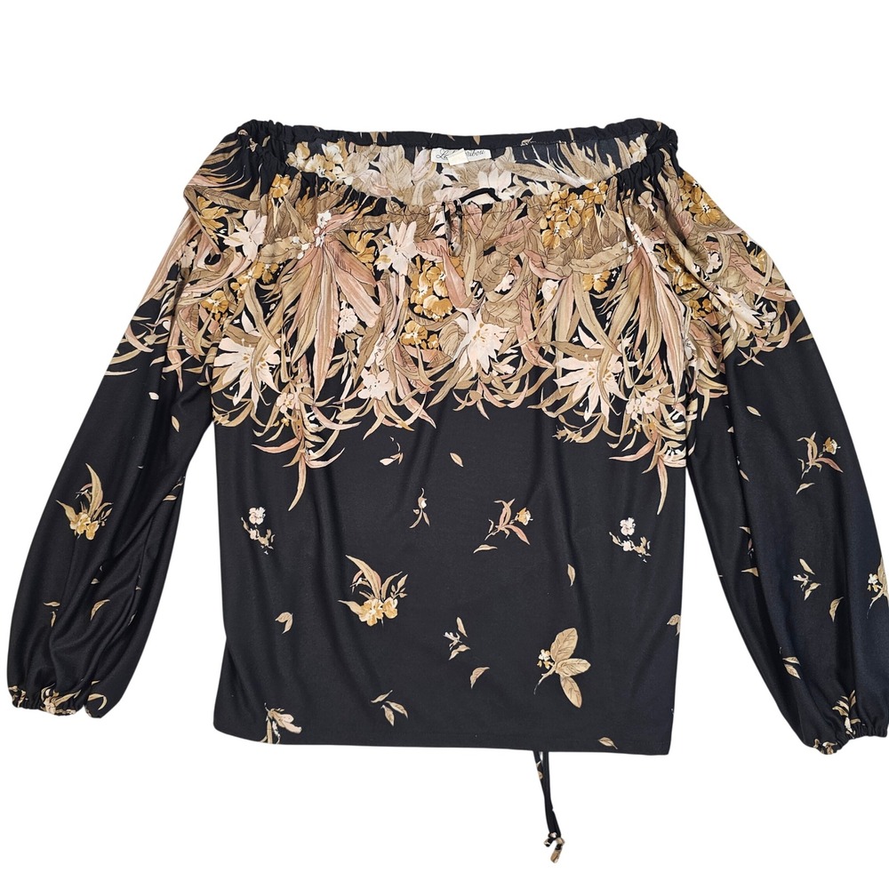 Lady Caribou Black Floral Off Shoulder Blouse Balloon Sleeve Drawstring Size 10